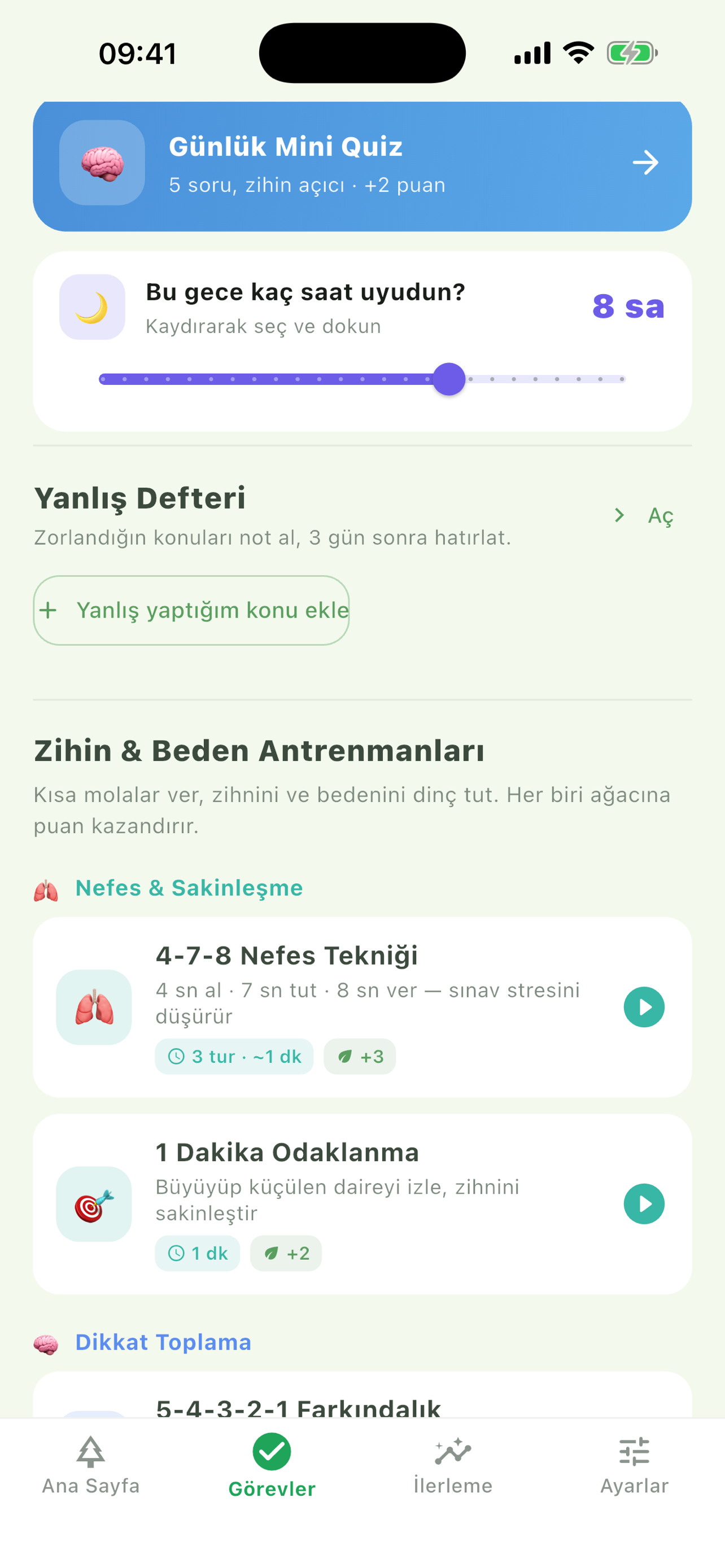 Daily tasks: mini quiz, sleep check, mistake notebook and short exercises